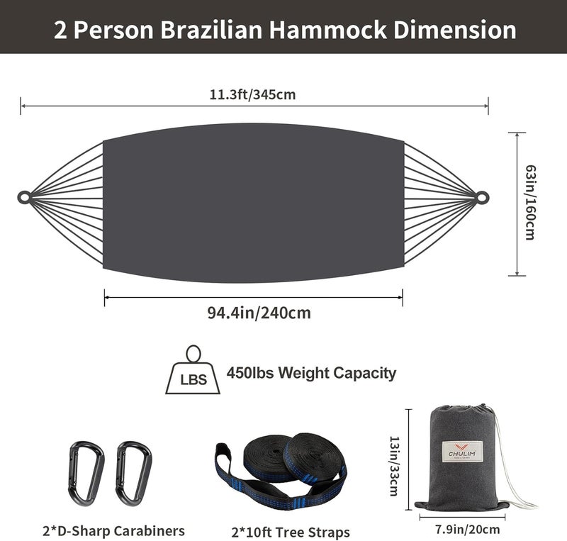 CHULIM Brazilian Double Hammock with Tree Straps,Extra Large 94x63IN,2 Persons Hammock for Backyard Patio Outdoor and Indoor,450lbs Weight Capacity,Soft Woven Cotton Fabric - Dark Grey - Image 3
